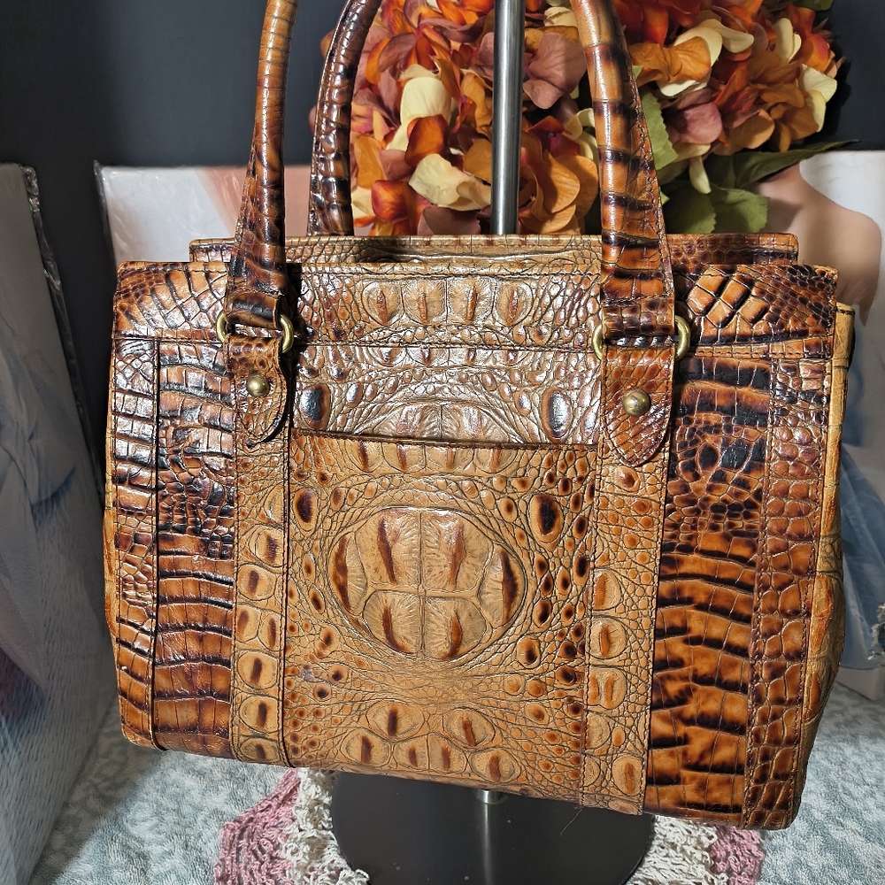 Brahmin Toasted Almond Collection Croc Embossed Leather Satchel Handbag - Picture 2 of 12